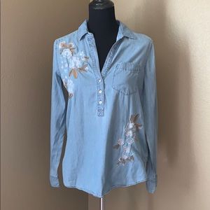 Express embroidered floral chambray denim shirt